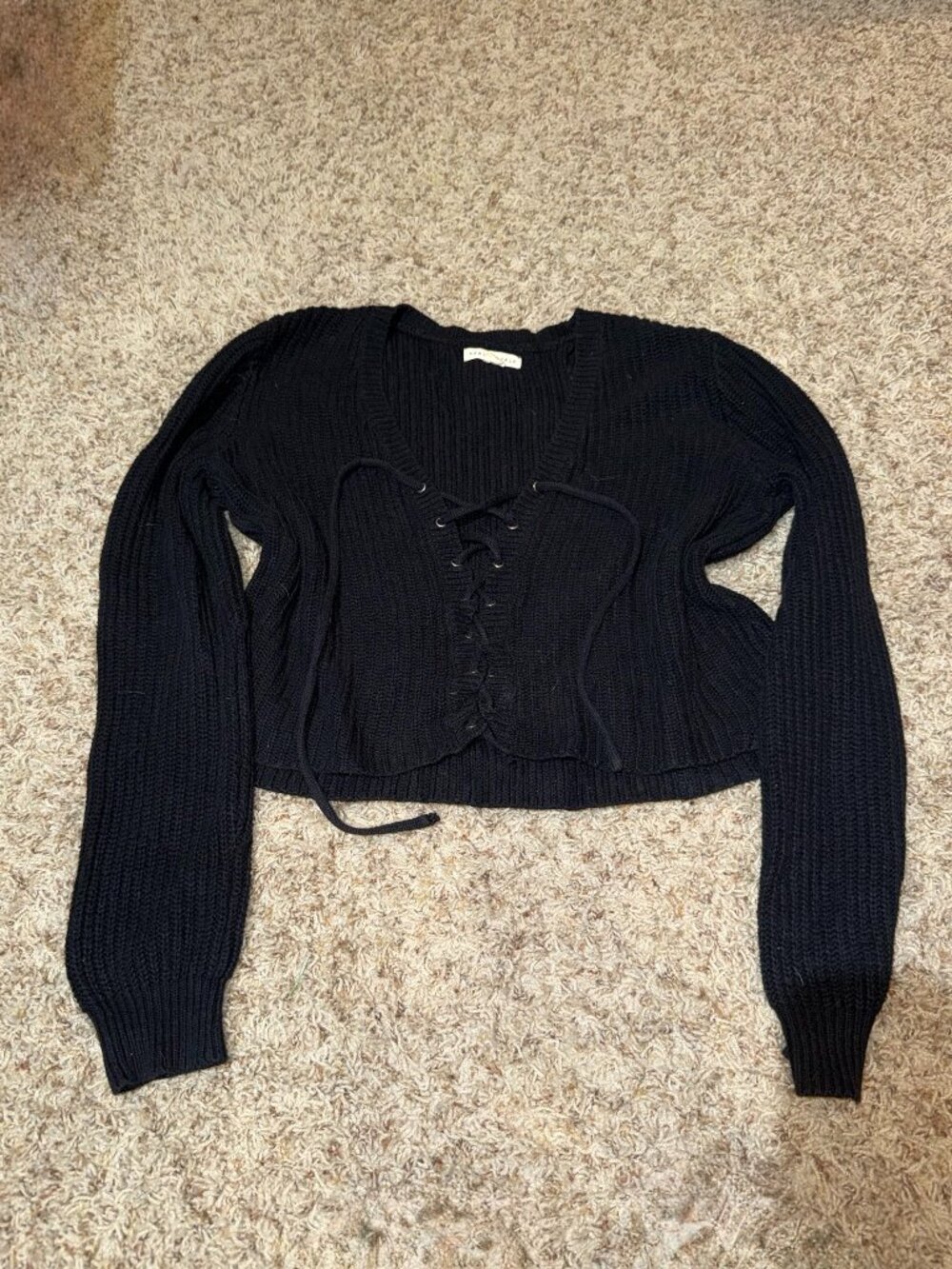 Aeropostale Black Lace-Up Cropped Knit Sweater Size Small